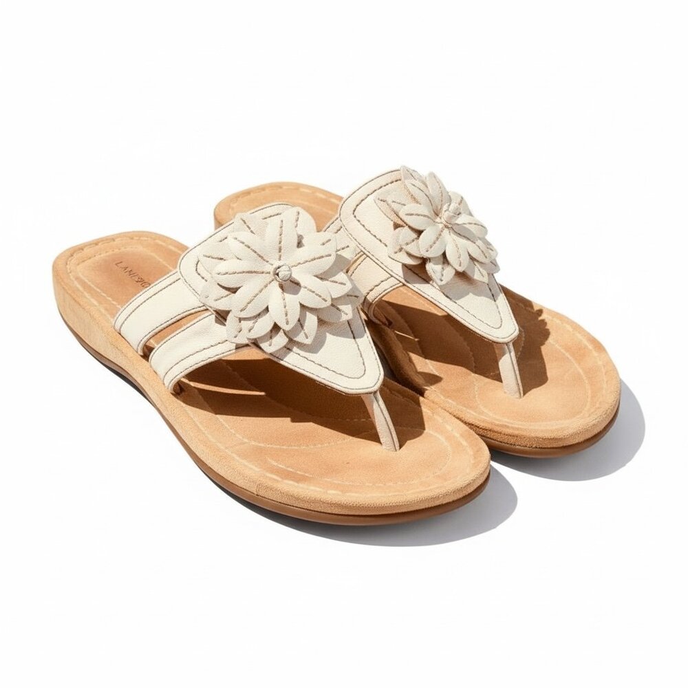 Lanesboro 'Cora' Thong Sandals Sz 8.5 White Flower Slip-On